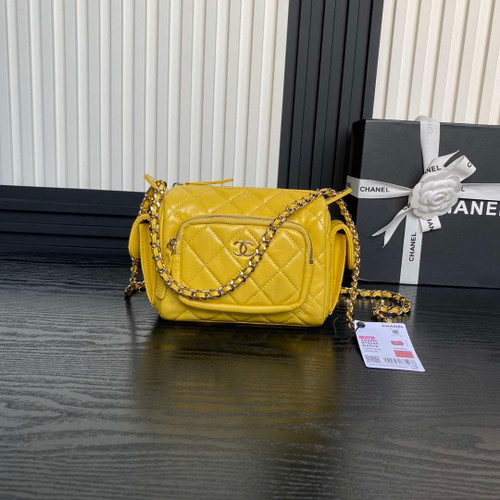Chanel AS5220 Small Camera Case Bag Shiny Crumpled Lambskin & Gold-Tone Metal Yellow