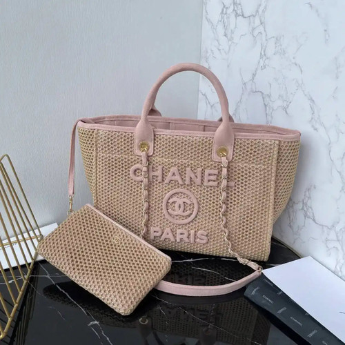 Chanel AS3257 Small Shopping Bag Raffia  Beige & Pink