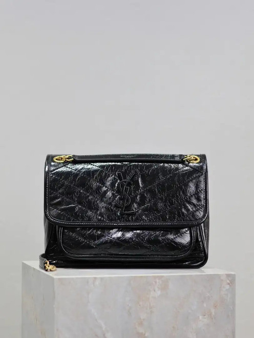 Yves Saint Laurent YSL 633158 Niki Medium In Quilted Crinkled Vintage Leather Bag Black Gold