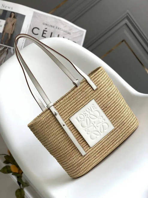 Loewe Small woven raffia basket bag 10112 White