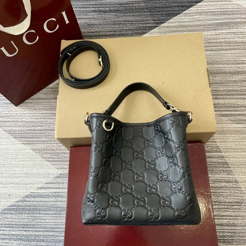 Gucci 815118 GG Emblem Mini Bucket Bag Black GG leather