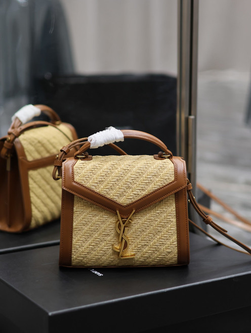 YSL 623930 Cassandra Mini Top Handle In Box Saint Laurent Braided with top-grain cowhide Brown