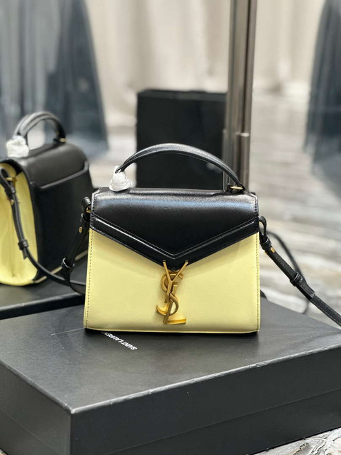 YSL 623930 Cassandra Mini Top Handle In Box Saint Laurent Black & Yellow