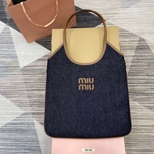 MiuMiu 5BG231 IVY Canvas and Leather Bag Black denim