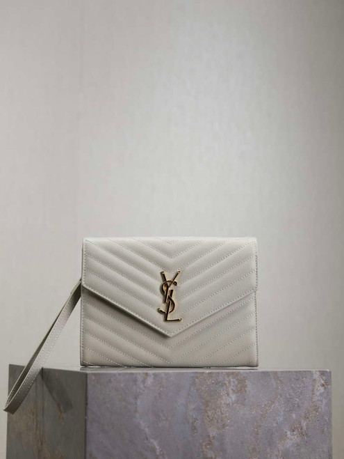 YSL Cassandre Matelassé Flap pouch in grain de Poudre leather 617662 V White