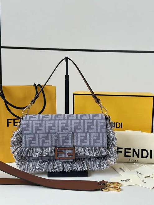 Fendi 8BR600 Baguette Medium Baguette Blue denim-effect FF jacquard bag