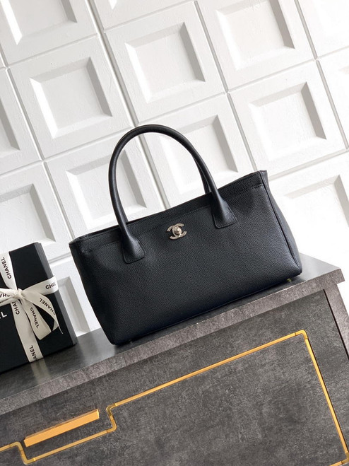 Chanel AS6055 Cerf Leather Exterior Small Tote Bags Bag Black Silver