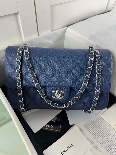 Chanel A01112 Flap Classic 11.12 Handbag Calfskin & Light Gold-Tone Metal Dark Blue