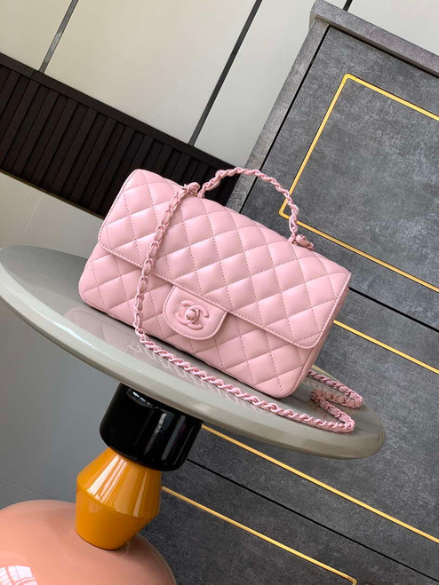 Chanel AS5244 Flap Bag with Top Handle Lambskin & Lacquered Metal Light Pink