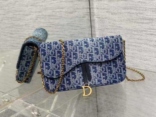 Dior S5907 Saddle Pouch with Chain Blue Denim Dior Oblique Jacquard M2026