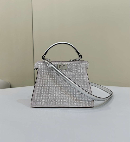 Fendi 8BN335 Peekaboo ISeeU Petite Silver Leather Bag with FF crystals Motif 8635