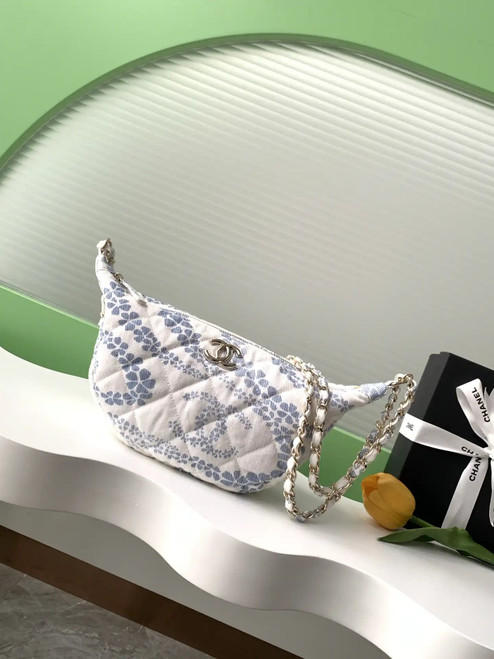 Chanel AS5431 Large Hobo Bag Printed Denim Light Blue & White