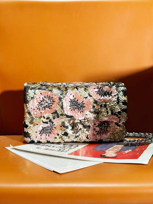 Chanel A01112 Flap Classic 11.12 Handbag Lambskin & Silver-Tone Sequins and glass pearls