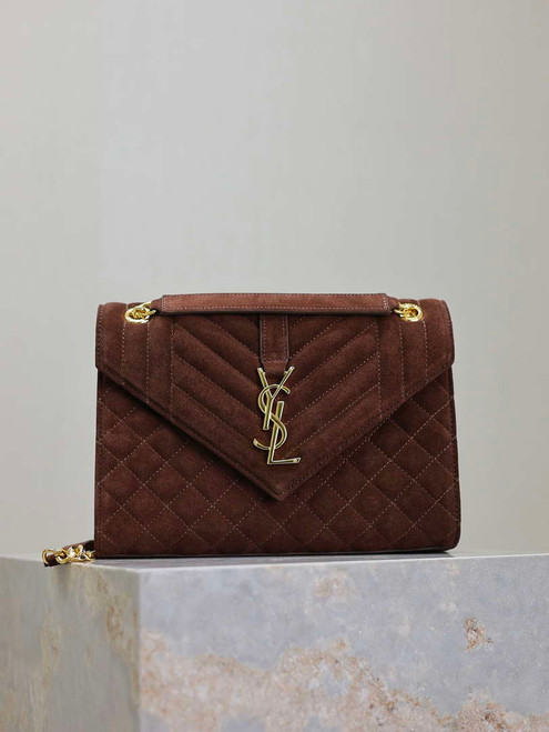 YSL 600185 Envelope Meduim In Dark Brown Suede Leather