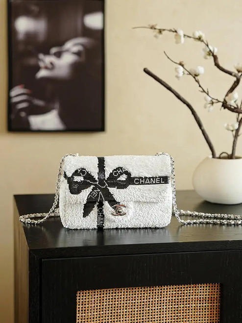Chanel 20CM Mini Flap Bag 24B White & Black Sequin Bow Silver