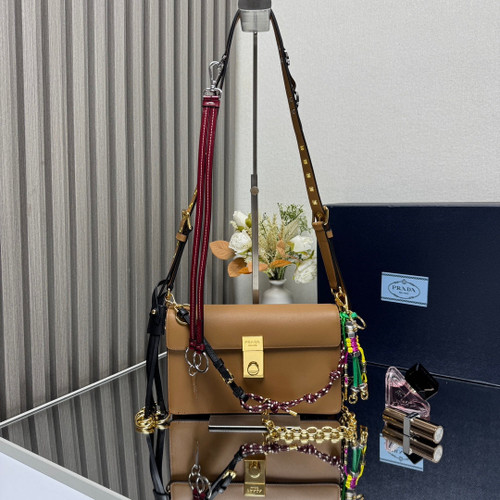 Prada 1BD379 Soft Sound small leather shoulder bag with charms Brown