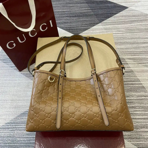 Gucci 815214 GG Emblem medium Tote Bag Brown GG leather
