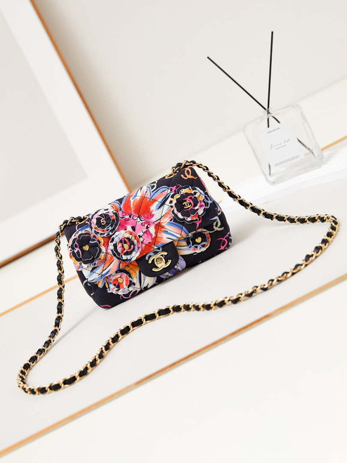 Chanel A69900 Mini Flap Printed Fabric & Gold Metal AS1116  Black & Multicolour