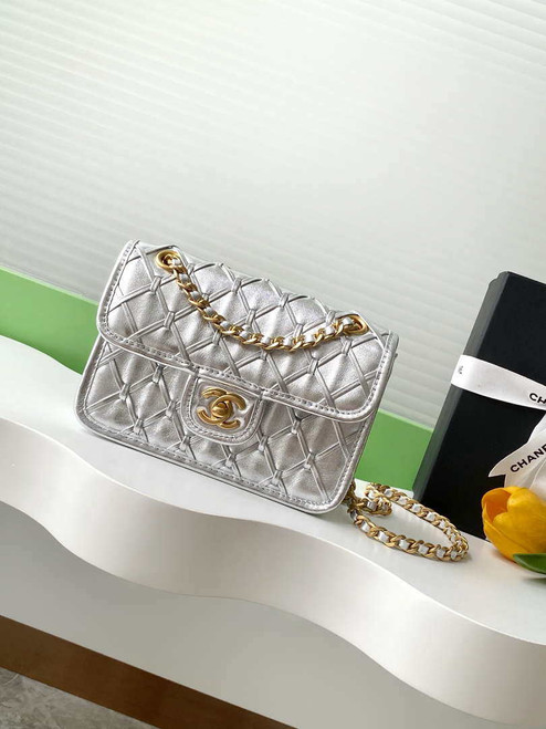 Chanel 25C Mini Flap Bag Metallized Braided Calfskin & Gold-Tone AS4797 Silver