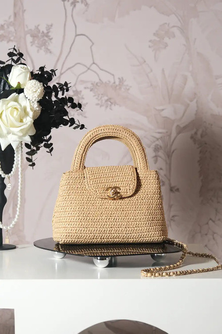 Chanel 25C AS4416 Mini Shopping Bag In Raffia And Calfskin