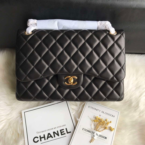 Chanel CF A01113 Jumbo Classic Flap Bag in Black Lambskin Gold