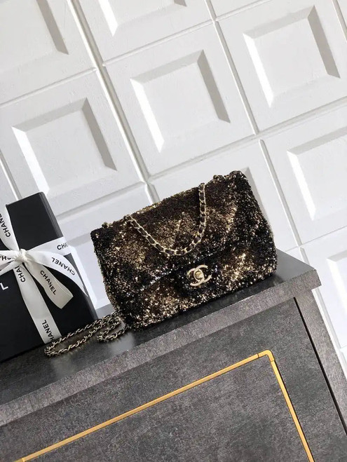 Chanel A69900 25B Mini Flap bag AS1116 Dense sequins golden betel