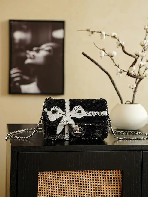 Chanel 20CM Mini Flap Bag 24B Black& White Sequin Bow 99932 Silver