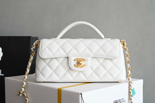 Chanel 25SS AS5354 Mini Flap Bag with Top Handle Lambskin White
