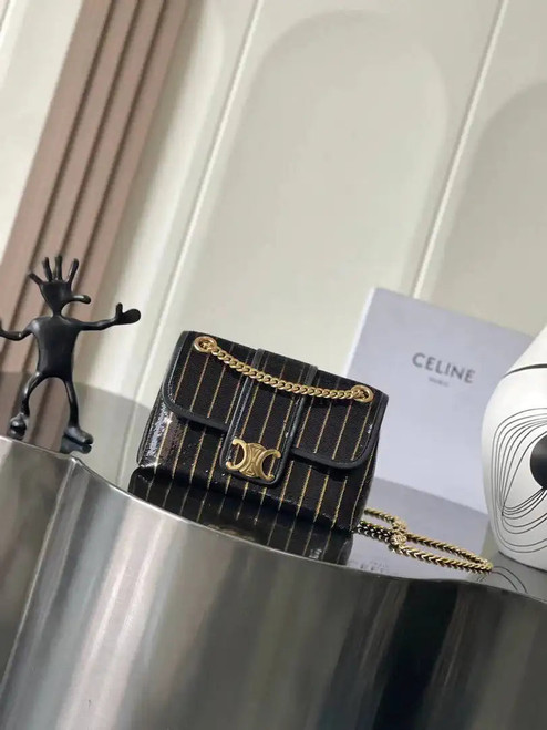 Celine 10N112GR8 MINI CELINE VICTOIRE IN STRIPED SEQUINS Black Gold