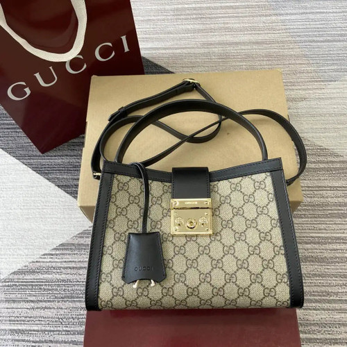 Gucci 838992 Padlock medium top handle bag beige and Black GG fabric