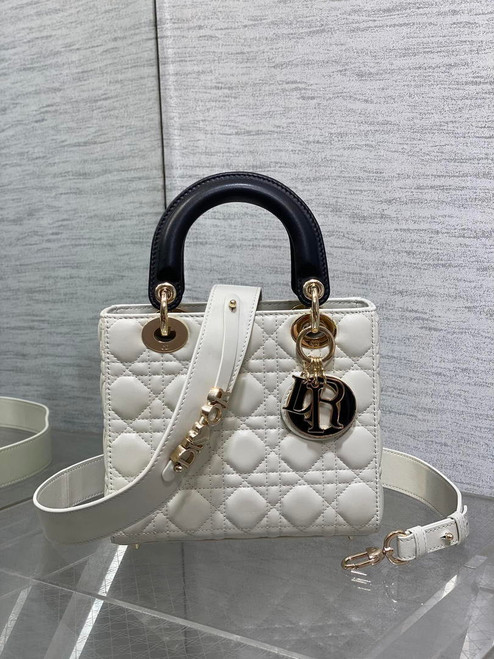 Dior M0531OUQA_M030 Small Lady Dior Bag with thin shoulder Strap Latte Cannage Lambskin Black Handle Gold