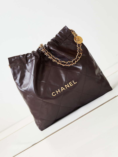 Chanel 22 AS3260 Small Handbag Shiny Calfskin Dark Brown