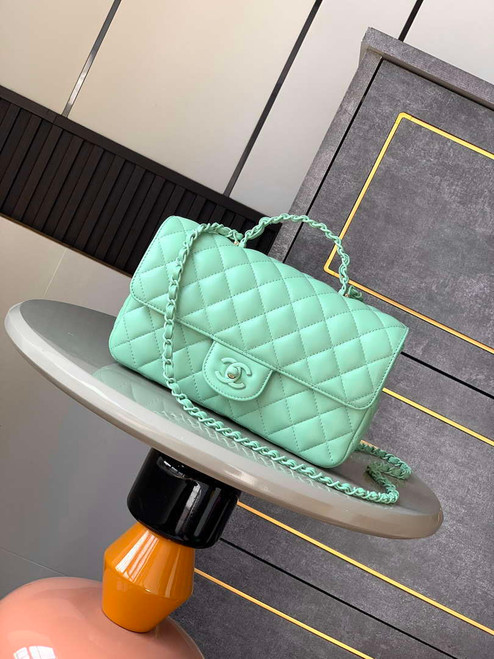 Chanel AS5244 Flap Bag with Top Handle Lambskin & Lacquered Metal Light Green