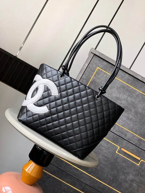 Chanel AS6338 Cambon Quilted Leather Shopping Bag Black with White logo