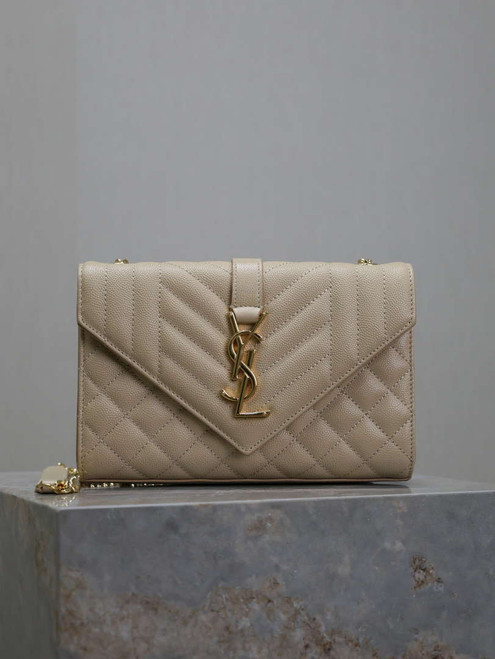 YSL 600195 Envelope Small In Quilted Grain De Poudre Embossed Leather Apricot