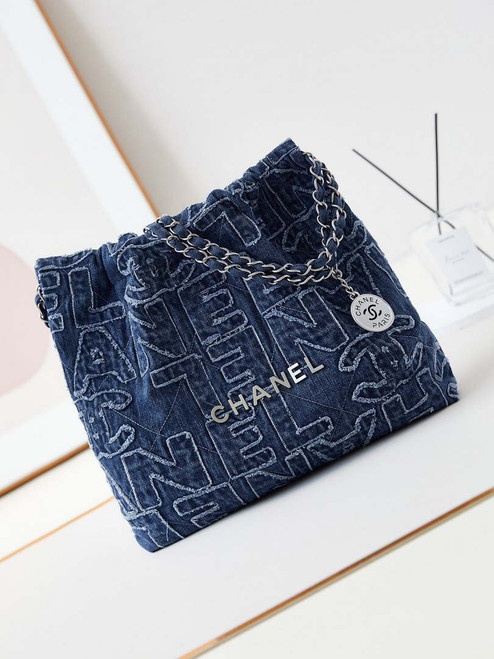 Chanel 22 AS3260 Small Handbag 24A Denim embroidered & Silver-Tone Metal