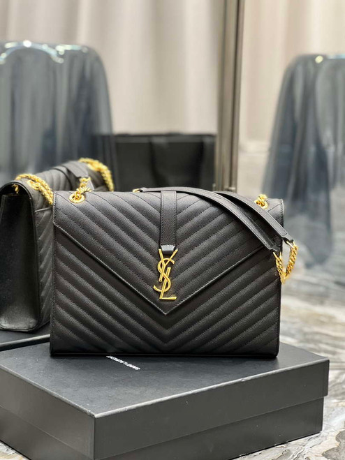 YSL 600166 Envelope Large In Quilted Grain De Poudre Embossed Leather Black V gird