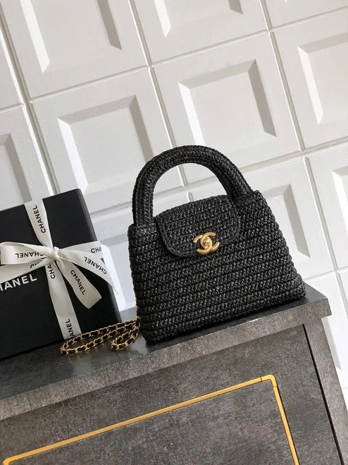 Chanel 25C AS4416 Mini Shopping Bag In Black Raffia And Calfskin