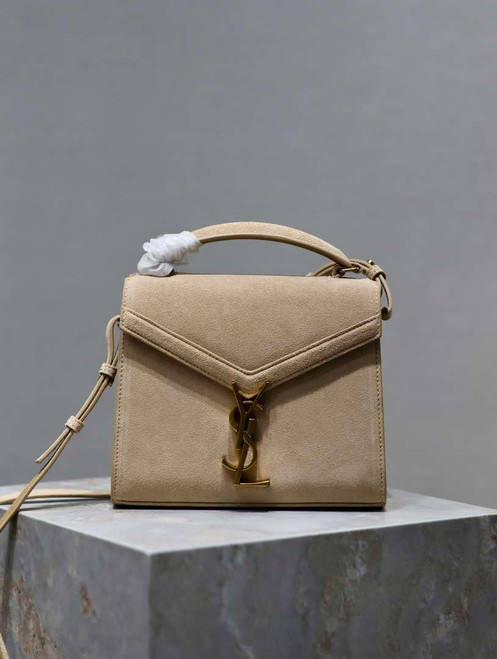 YSL 623930 Cassandra Mini Top Handle In Box Saint Laurent Suede Beige