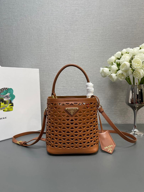 Prada 1BA217 Panier small Saffiano leather bag tan Hollow out