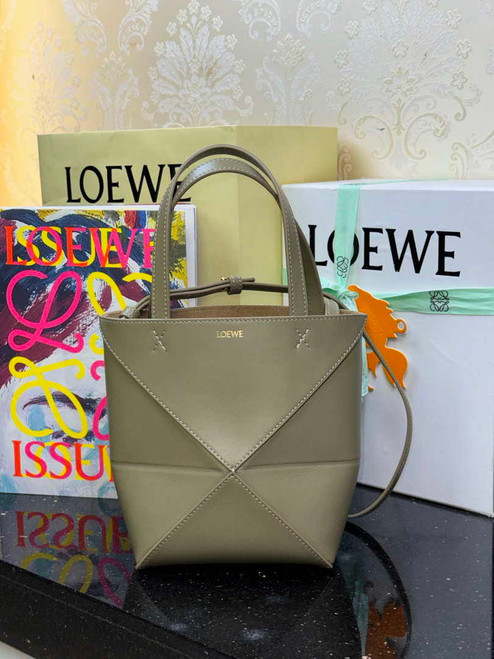 Loewe Mini Puzzle Fold tote in shiny calfskin A657V25X01 Green