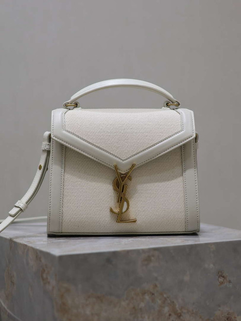 YSL 623930 Cassandra Mini Top Handle In Box Saint Laurent linen with White Leather
