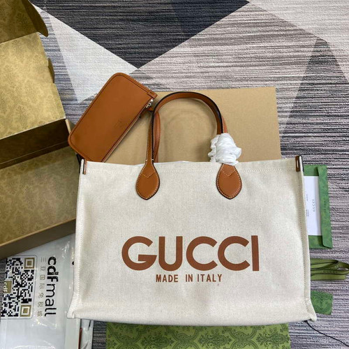 Gucci 772176 Medium Tote Bag With Gucci Print Light brown leather trim