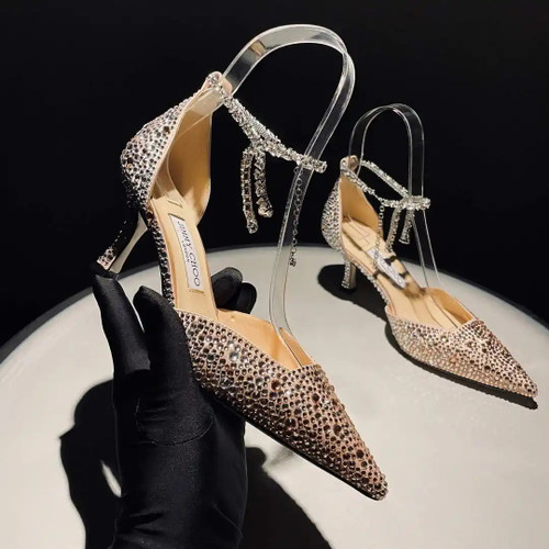 Jimmy Choo SAEDA100ZPJ Gold Satin Pumps with Crystals JC90007