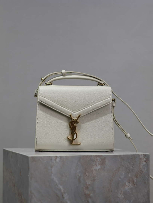 YSL 623930 Cassandra Mini Top Handle Bag In Grain De Poudre Embossed Leather White