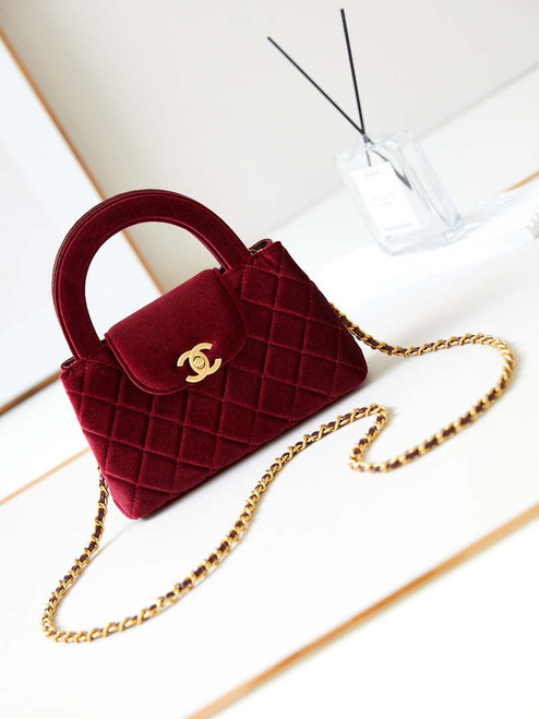 Chanel AS4416 Mini Shopping Bag Velvet & Gold Metal Wine Red