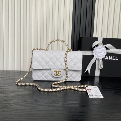 Chanel AS5702 Small Flap Bag with Top Handle Grained Shiny calfskin gold White