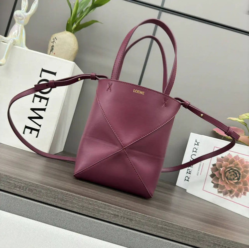 Loewe Mini Puzzle Fold tote in shiny calfskin A657V25X01 Wine Red
