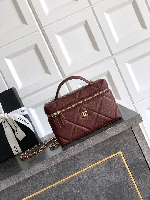 Chanel AP4936 Vanity with Chain Grained Shiny Calfskin & Gold-Tone Meta Wine Red