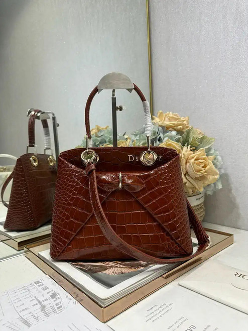 Dior M0737 Cigale top handle bag Crocodile pattern Brown